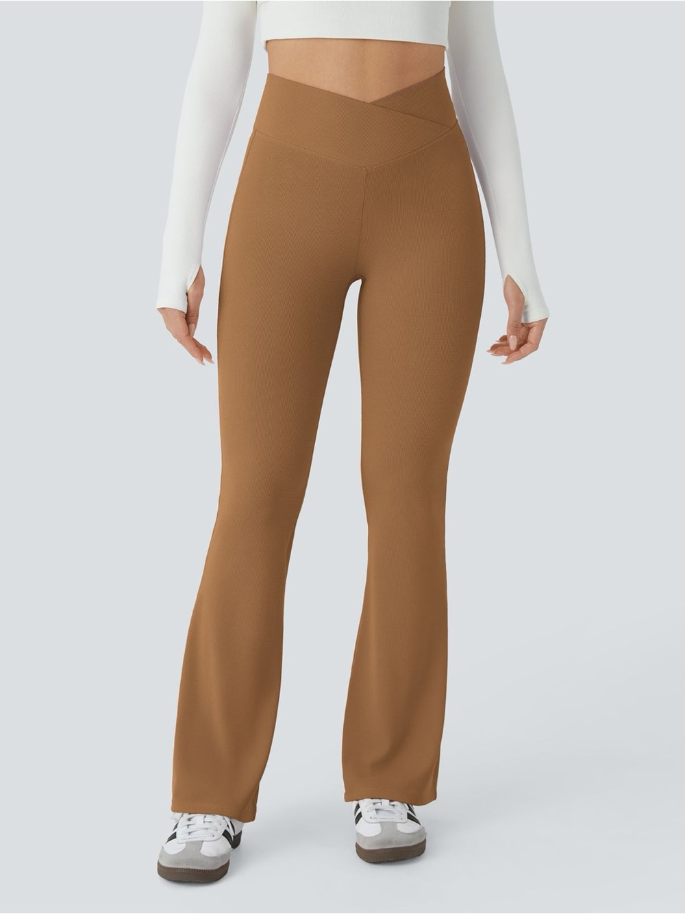 HALARA High-Waist Flare Leg Pants in Camel Brown